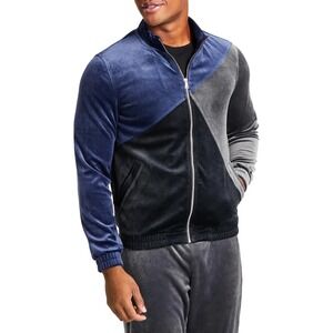 INC Men's Velour Colorblock Zip-Up Jacket – Blue / Gray / Black – Size Small